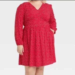 Ava & ViV Cherry Red Polka Dot Midi Dress Long Puff Sleeve Smocking Sz 2X VNeck‎